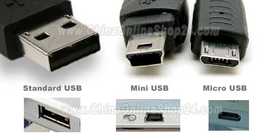 左:通常のUSB、中：mini USB、右：micro USB