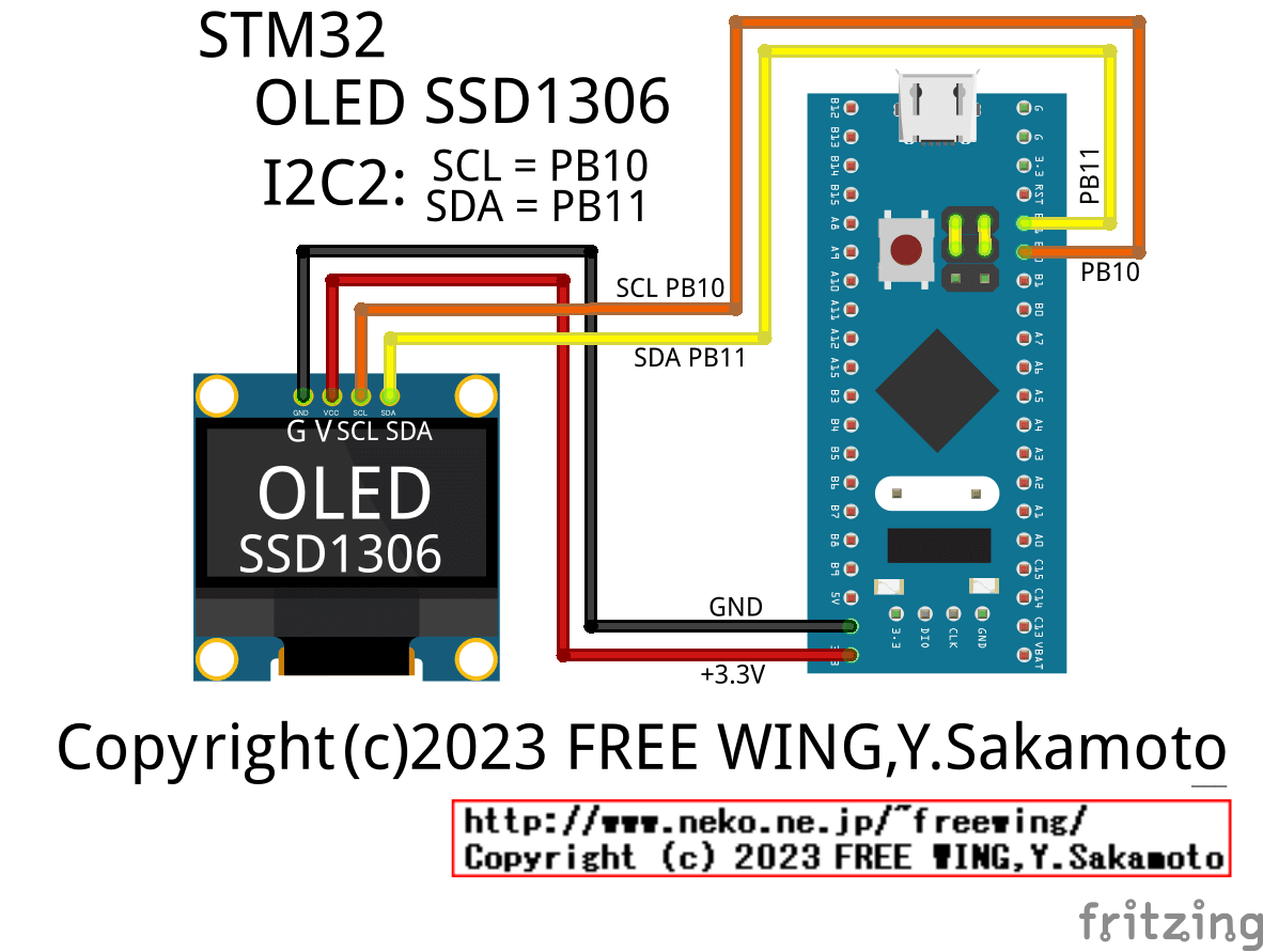 STM32で I2C OLED SSD1306を制御する方法 I2C2（SCL = PB10、SDA = PB11）を使う場合の接続方法