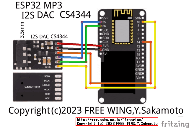 ESP32で AudioOutputI2SDACで MP3オーディオを再生する方法、I2S DAC CS4344の回路図