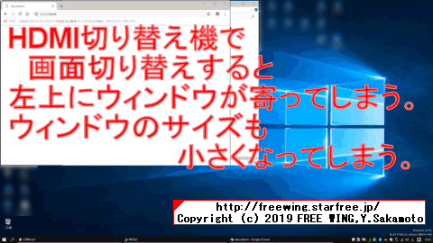 HDMI切り換え器で画面を切り替えるとウィンドウの大きさと表示位置が変になる不具合