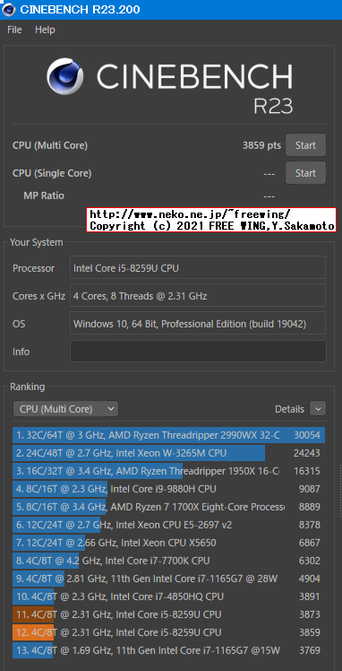 CINEBENCH R23 R23.200 by MAXON ベンチマーク Intel Core i5-8259U