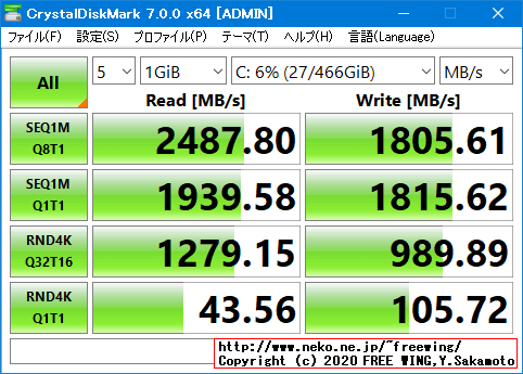 WD Blue SN550 NVMe SSD 500GB WDS500G2B0C PCIe Gen3 M.2 2280の CrystalDiskMarkベンチマーク