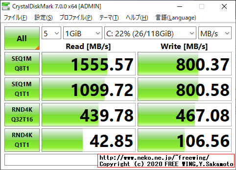 出荷時の 128GBの M.2 SSDが Western Digital製 PC SN520 NVMe SSDの CrystalDiskMarkベンチマーク