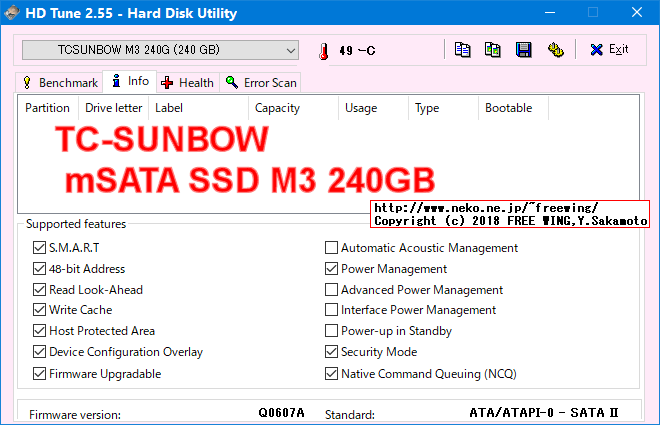 TC-SUNBOW mSATA SSD M3 240GBの内部データ、ベンチマーク