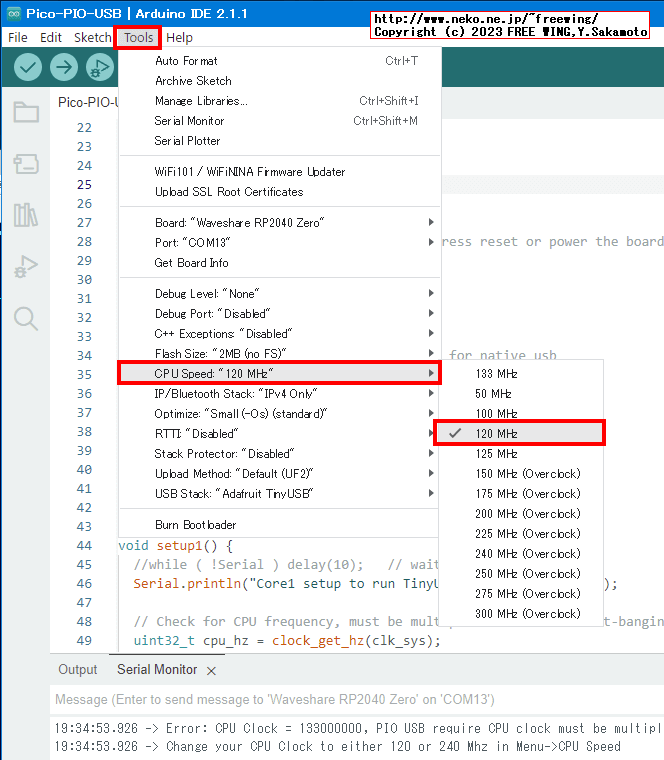 Adruino RP2040 Pico-PIO-USB TinyUSB is not selected please select it in Tools->Menu->USB Stack