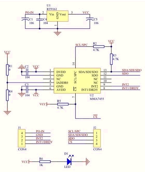 加速度センサ Freescale MMA7455Lモジュール基板回路図