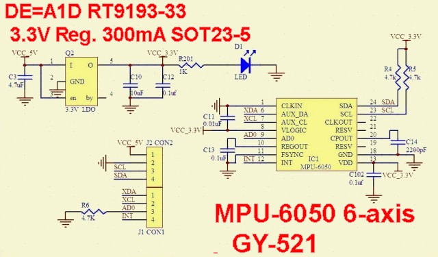 MPU-6050 GY-521 ６軸 ジャイロ＋加速度センサモジュール基板回路図