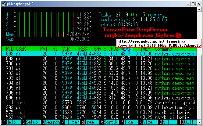 TensorFlowで Python版の DeepDreamで動かした場合のメモリ使用状況 mtyka/deepdream_highres版
