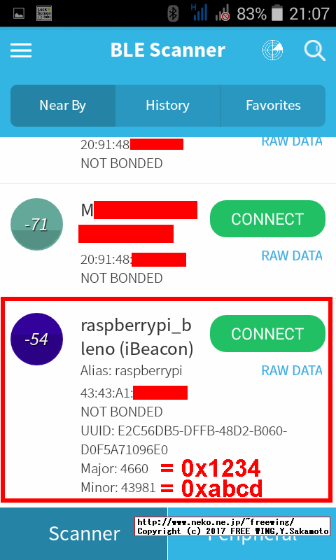 Bluetooth BLE blenoの beacon.js iBeaconのサンプル