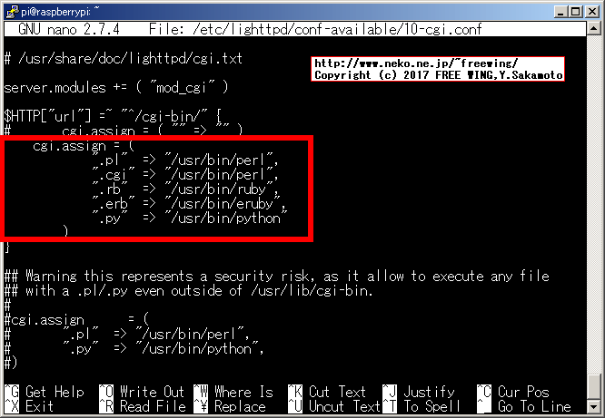 sudo nano /etc/lighttpd/conf-available/10-cgi.conf