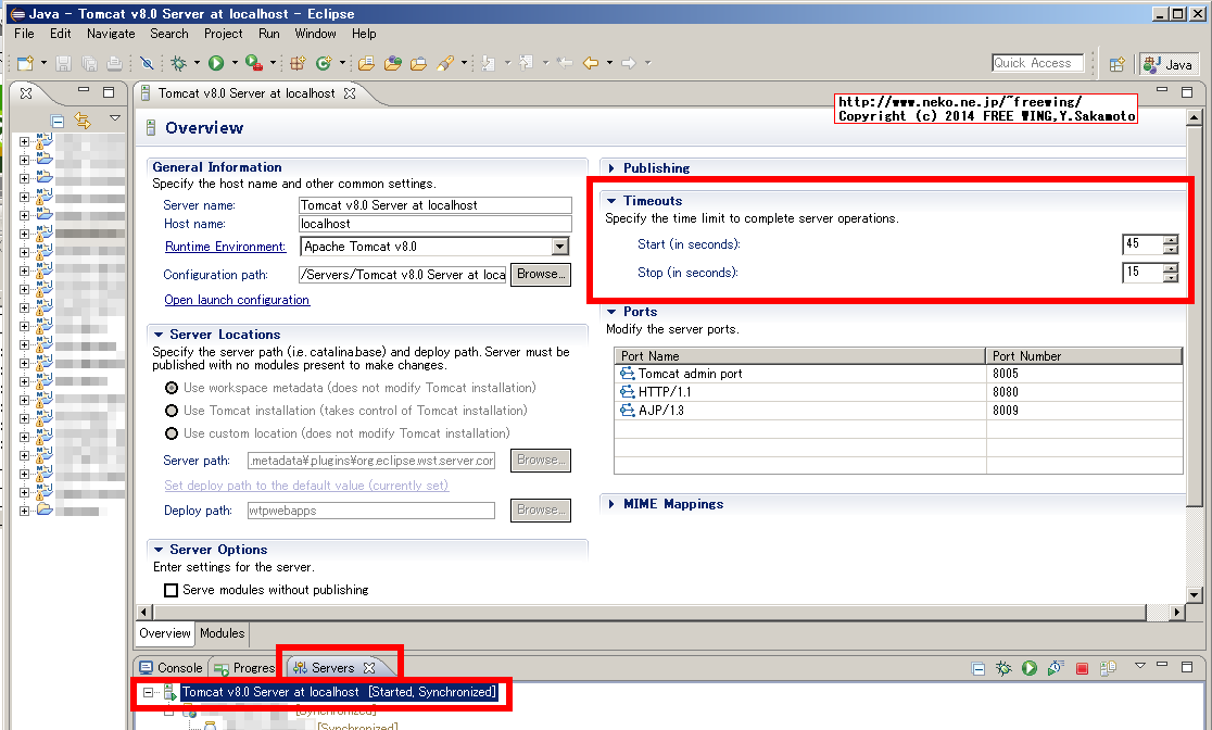 Eclipse Apache Tomcat server Timeout settings