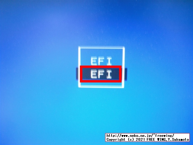 Select keyの青い画面になるので EFIを選んで Enterを押す（複数有る場合は上から順番に選ぶ）
