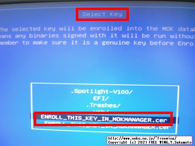 ENROLL_THIS_KEY_IN_MOKMANAGER.cerファイルを選んで Enterを押す