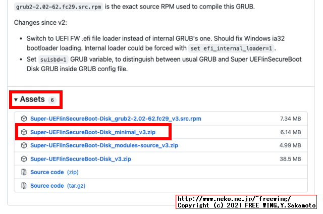 Super UEFIinSecureBoot Disk v3の Assetsから Super-UEFIinSecureBoot-Disk_minimal_v3.zipをダウンロードする