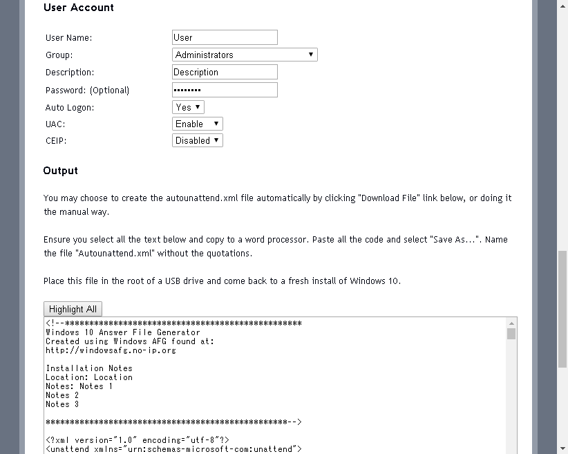 Windows 10 Answer File Generator for x86 and x64 processors autounattend.xml