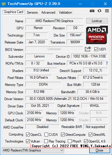 Lenovo ThinkCentre M75s Small Gen2 AMD Ryzen 7 PRO 4750Gの iGPU（内蔵 GPU）の情報