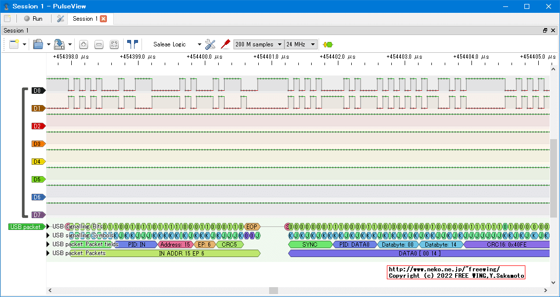 USBロジアナの sigrok PulseViewで USBプロトコルアナライザの機能を有効にして USBの波形を観測する設定方法