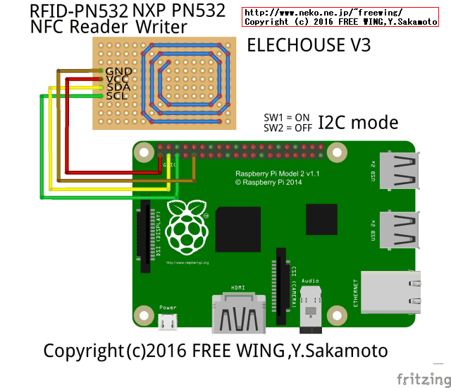 Raspberry Pi3の GPIO端子の I2C機能を有効化して NFCリーダライタ ELECHOUSE NXP PN532を接続して NFCタグを読む方法