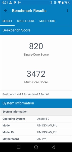 Geekbench 4.4.1 UMIDIGI A5 Pro MT6763 Helio P23