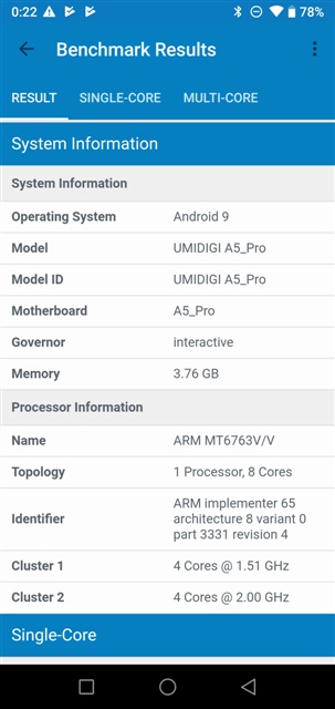 Geekbench 4.4.1 UMIDIGI A5 Pro MT6763 Helio P23