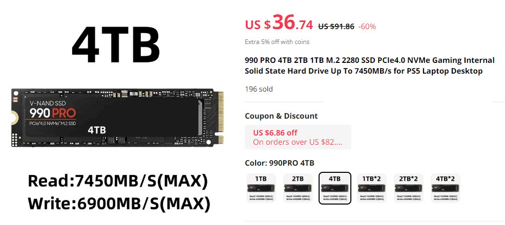 中華通販の闇、激安 4TBの表示の NVMe SSD