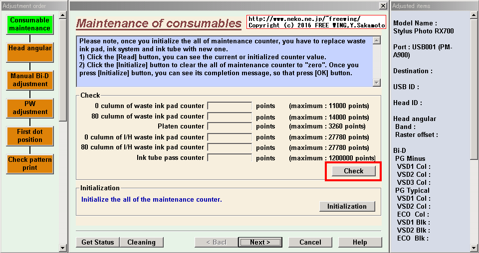 Adjustment Program for RX700で PM-A900の廃インクカウンタをリセット