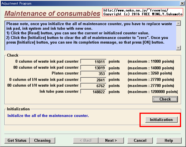 Adjustment Program for RX700で PM-A900の廃インクカウンタをリセット