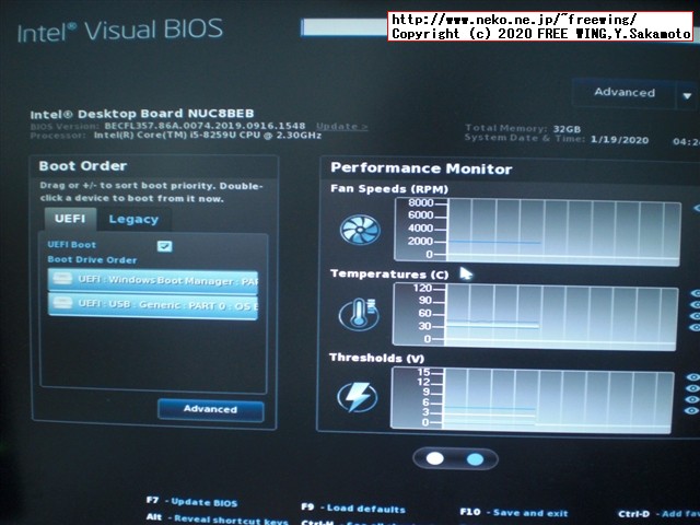 インテル NUC キット NUC8i5BEH FWキーで BIOS起動からの BIOSアップデート方法、写真付き解説手順
