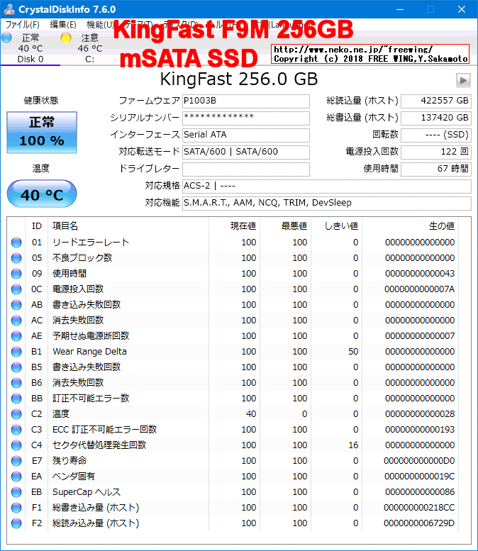 mSATA接続 SSD KingFast F9M 256GB 1310MCS08-256