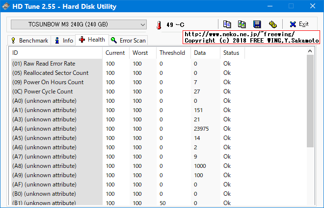 TC-SUNBOW mSATA SSD M3 240GBの内部データ、ベンチマーク