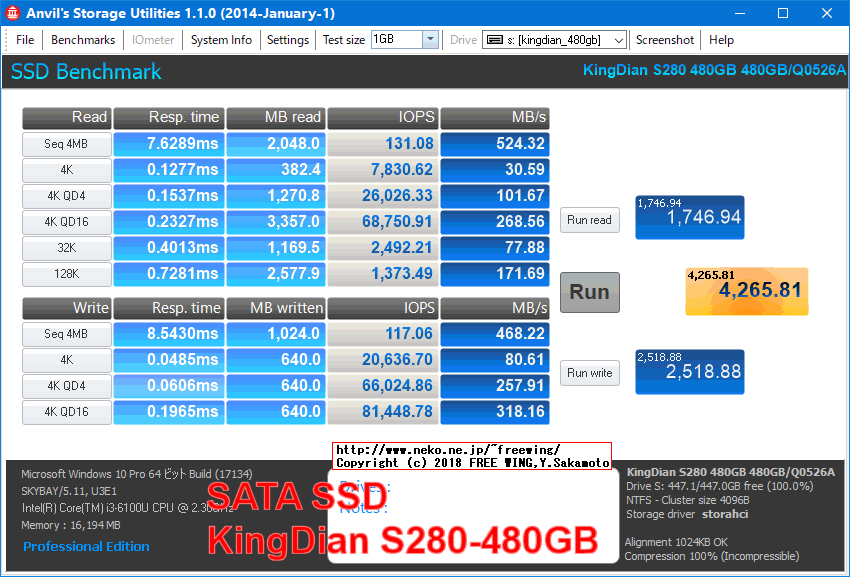 KingDian 480GB SSD S280-480GBの内部データ、ベンチマーク