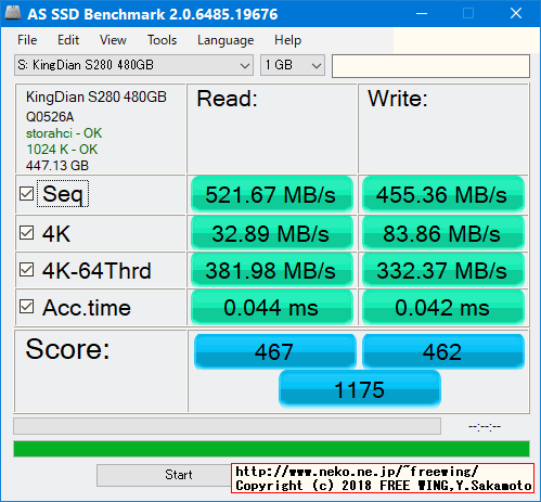 KingDian 480GB SSD S280-480GBの内部データ、ベンチマーク