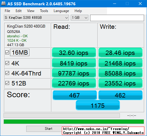 KingDian 480GB SSD S280-480GBの内部データ、ベンチマーク