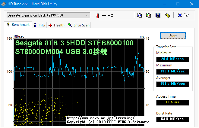 Seagate 外付けハードディスク 8TB 3.5インチ STEB8000100の内部データ、ベンチマーク