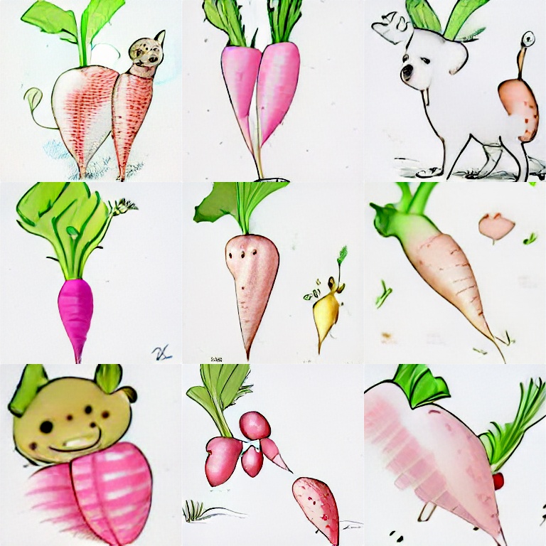 'an illustration of a baby daikon radish in a tutu walking a dog'