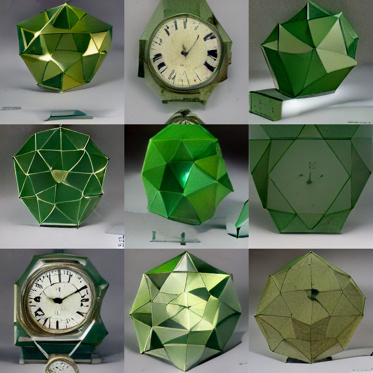 'a green clock in the shape of a pentagon'