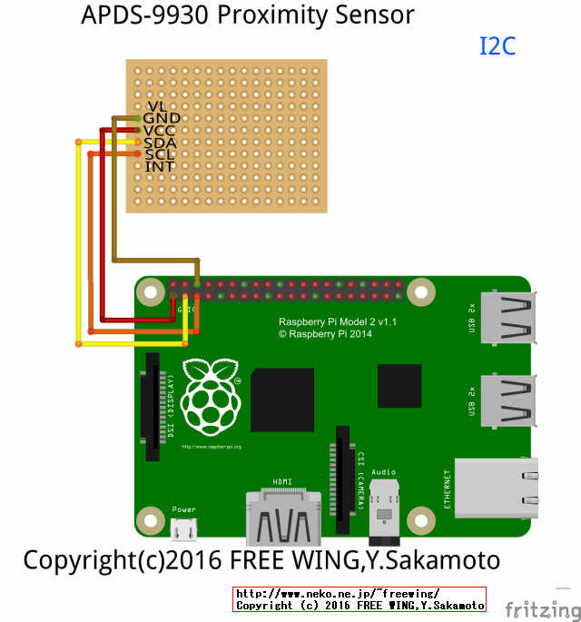 ラズパイ３ I2C接続 APDS-9930 Proximity Sensor Approaching and Non Contact Proximity 配線方法