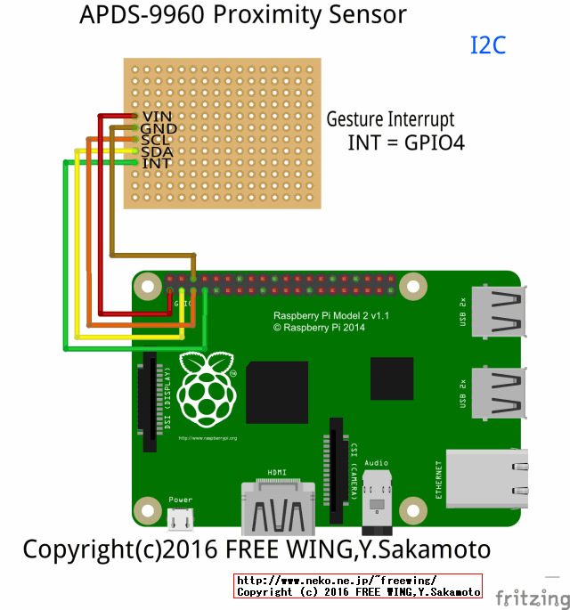 ラズパイ３ I2C接続 APDS-9960 RGB and Gesture Sensor Module 配線方法