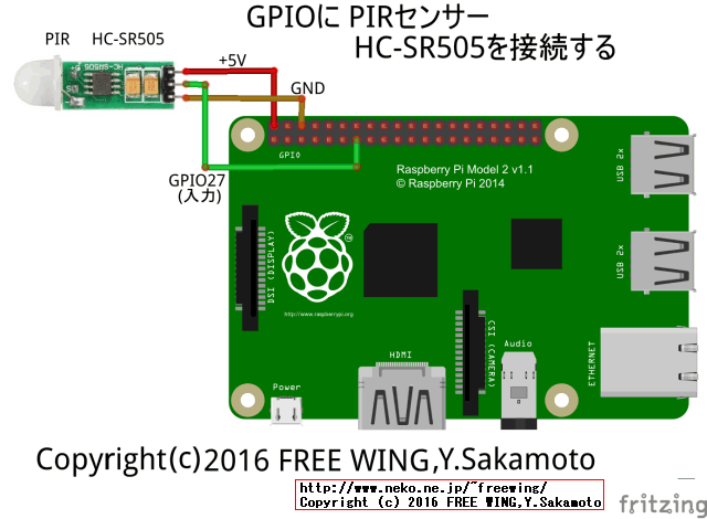 Raspberry Piの GPIOに PIRセンサー HC-SR505を接続する