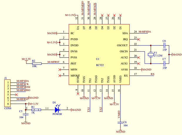 NFCリーダライタ RFID-RC522の回路図