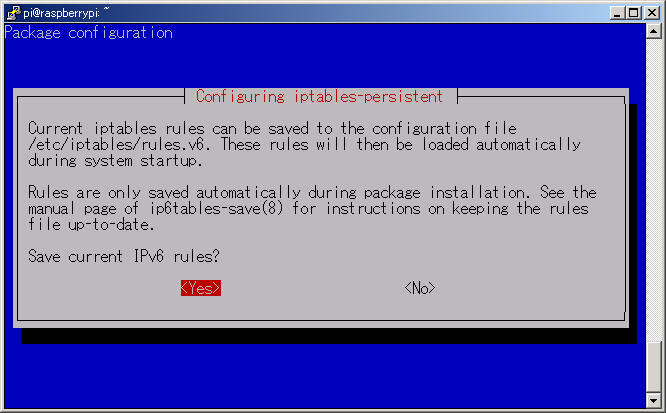 Save current IPv6 rules? - Yes (/etc/iptables/rules.v6)