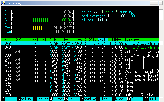320x240pxの画像を Deep Dreamerの Caffeで処理している時のメモリ使用量 htop