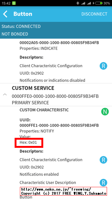 BLE接続してラズパイの GPIO入力を監視してボタンの ON/OFFで Notify通知を送信