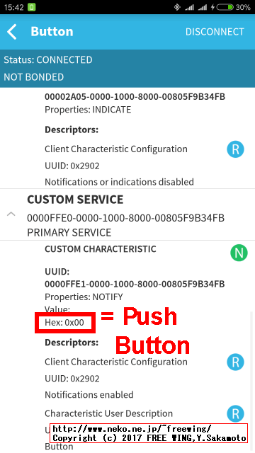 BLE接続してラズパイの GPIO入力を監視してボタンの ON/OFFで Notify通知を送信