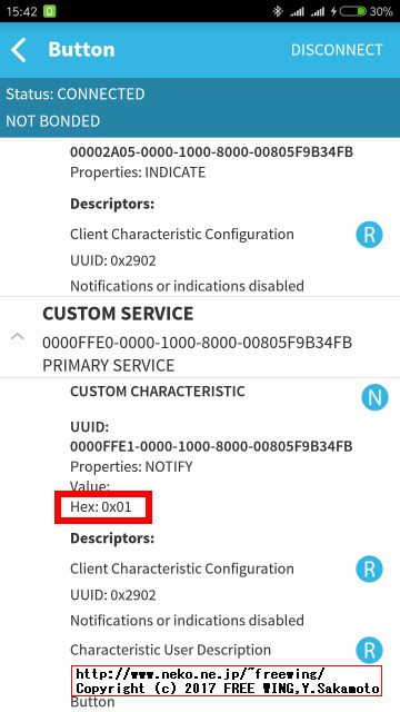 BLE接続してラズパイの GPIO入力を監視してボタンの ON/OFFで Notify通知を送信
