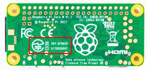 ラズパイゼロＷ 基板のシルク印刷に直接技適認証番号の入った基板で出荷