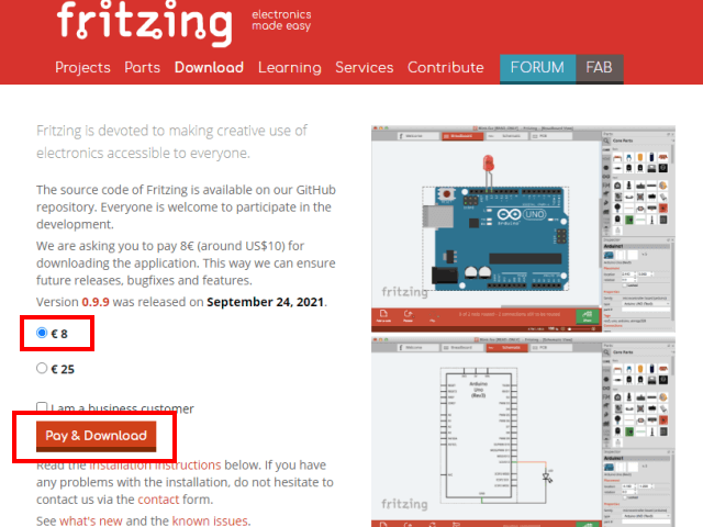 電子回路の設計で有名な Fritzingが知らない間にダウンロードが有料になっていました。（使用自体は無料）