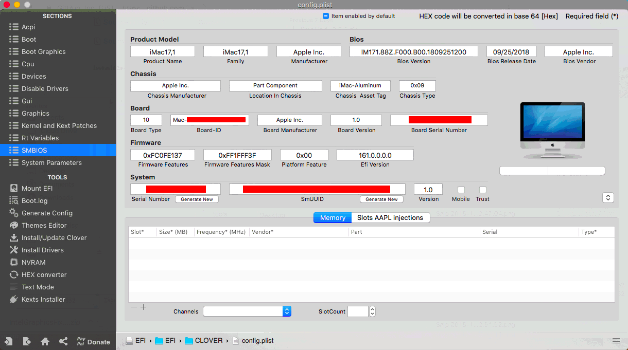 SMBIOSの設定 Sky Lake: iMac 17、1