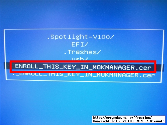 ENROLL_THIS_KEY_IN_MOKMANAGER.cerファイルを選んで Enterを押す