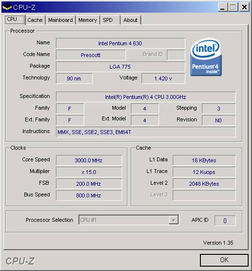ホストで実行した CPU-Zの結果
(Intel Pentium-4 630)